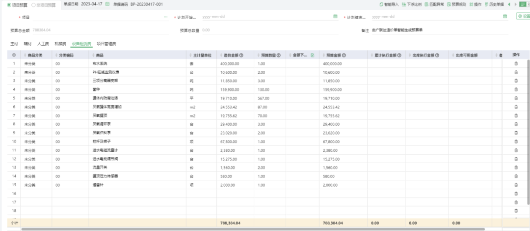 Building budget details in the system