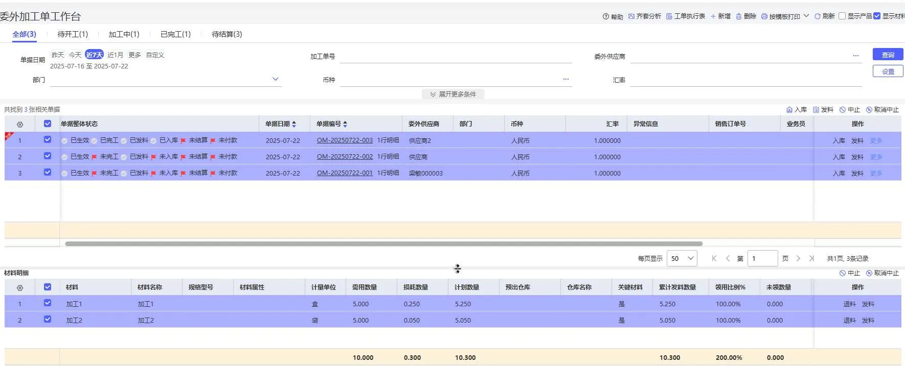 Outsourced workbench with status tags and progress boards