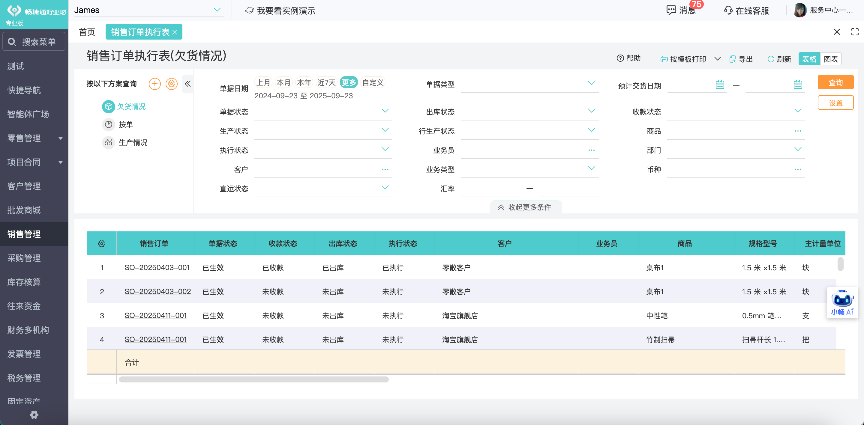 Sales order execution and statistics analysis screen