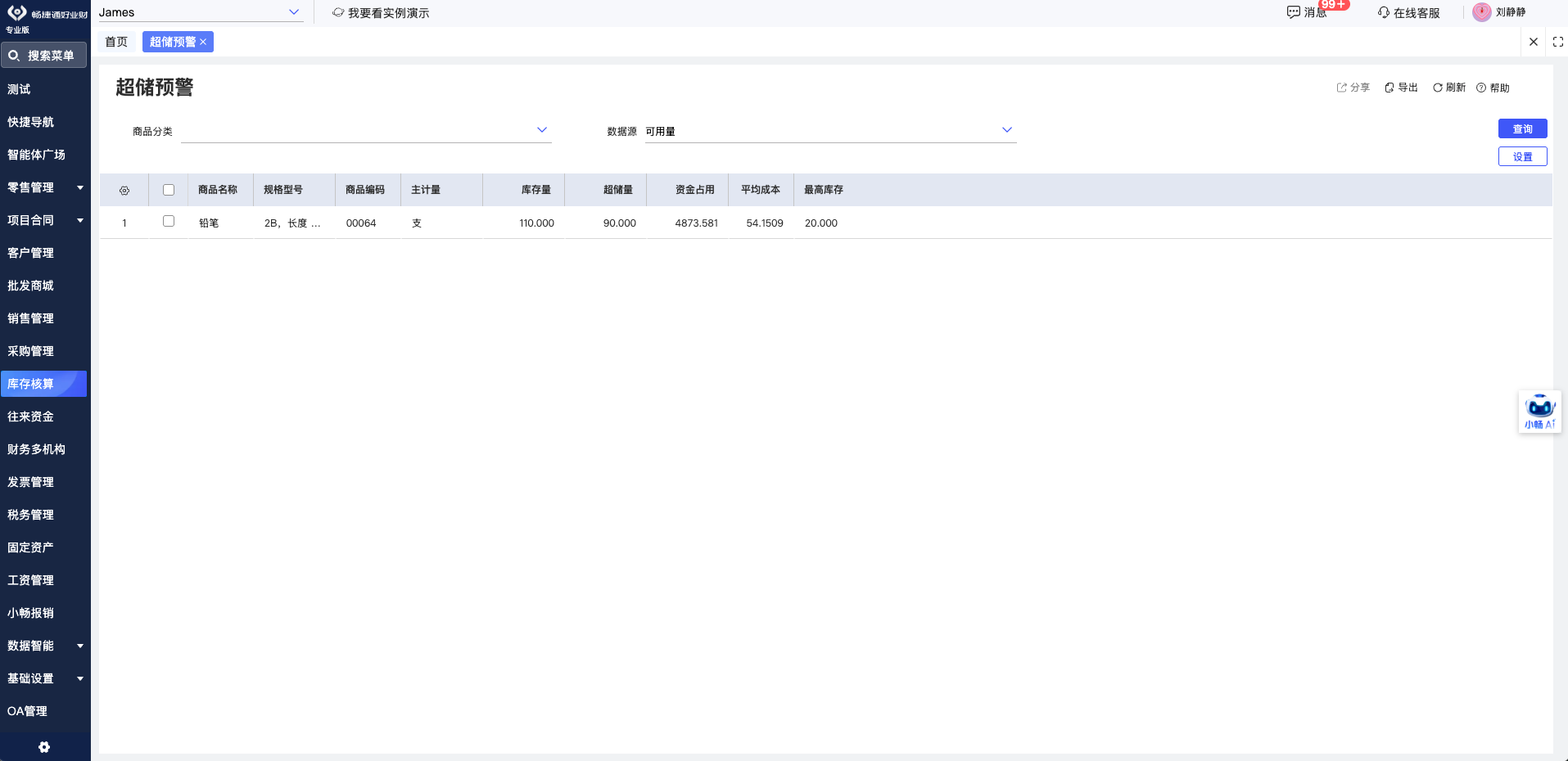 Dual-warehouse inventory screen with minimum-stock warning