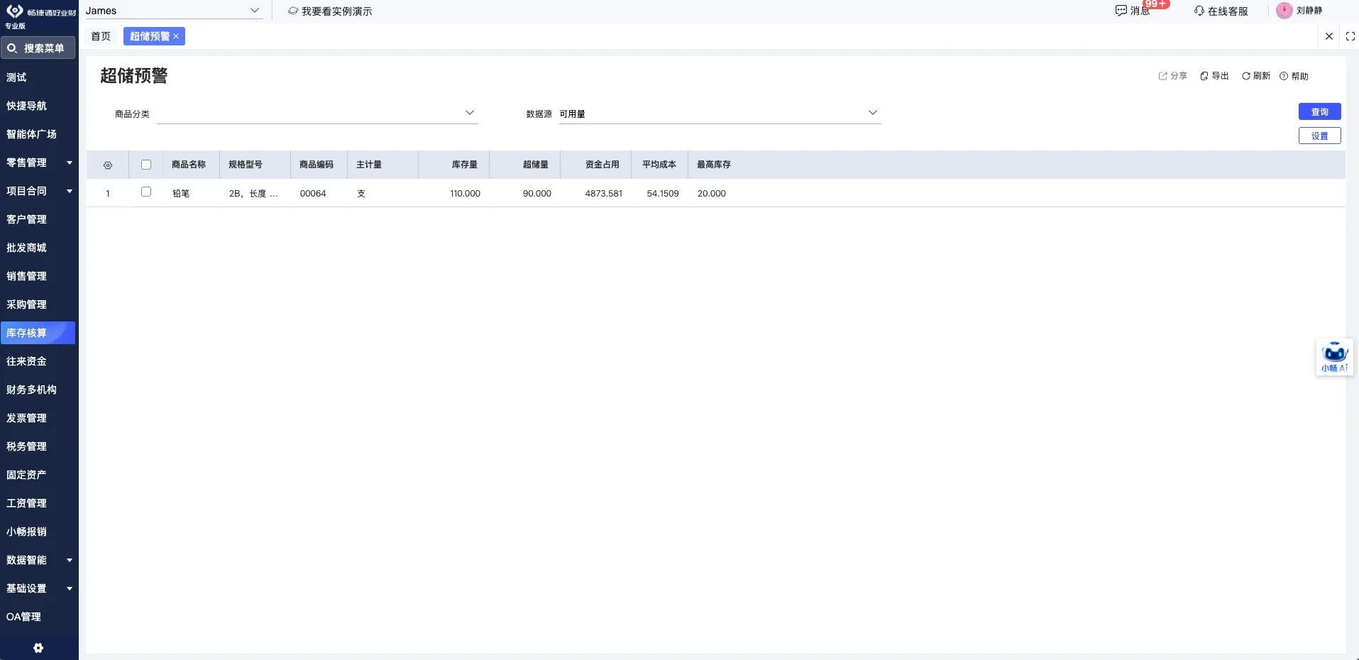 Dual-warehouse inventory screen with minimum-stock warning