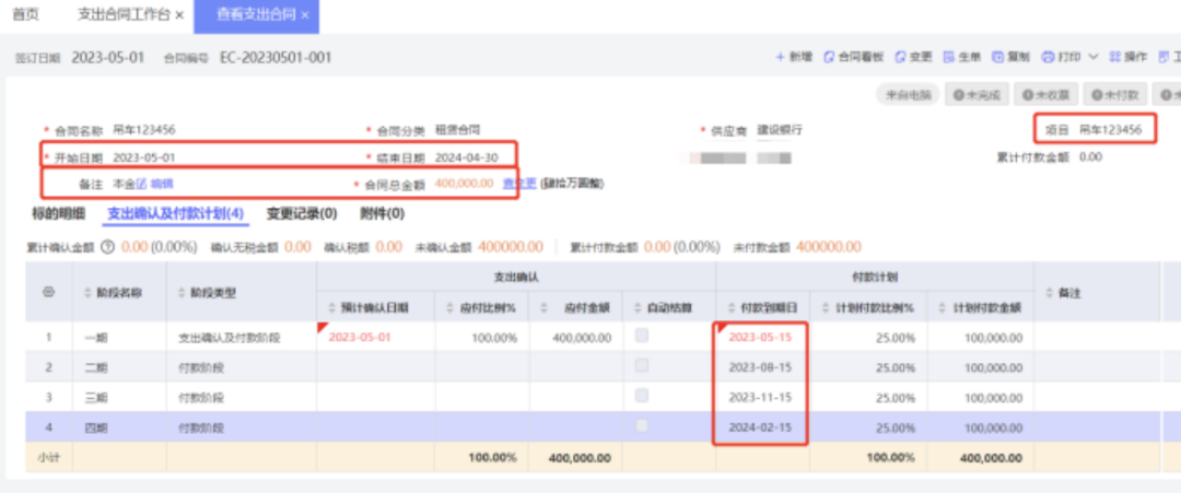 Lease contract list with repayment schedule and due-date reminders
