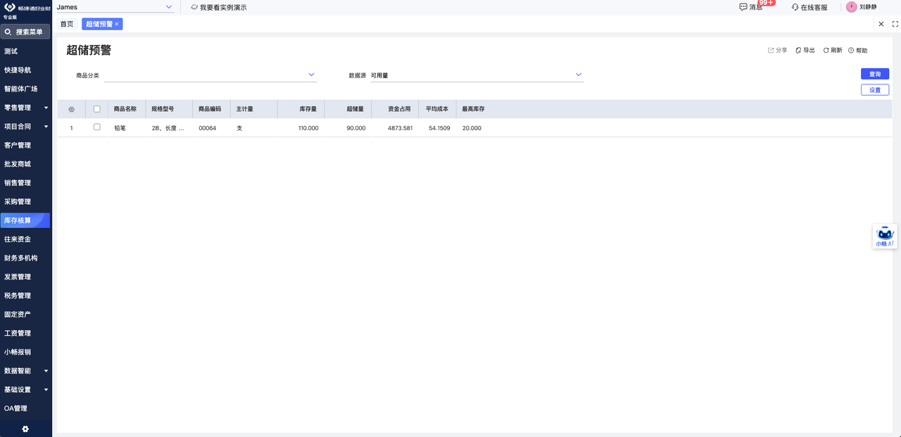 Inventory warning panel showing overstock and safety stock thresholds