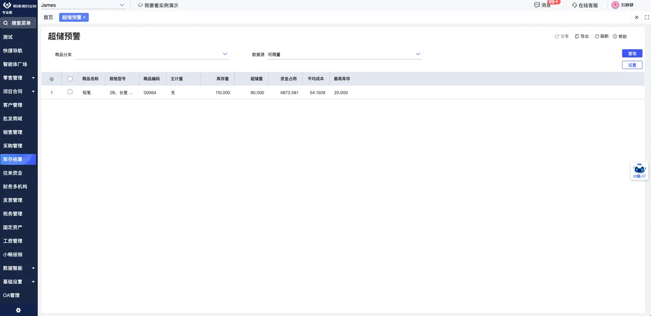 Inventory warning panel showing overstock and safety stock thresholds