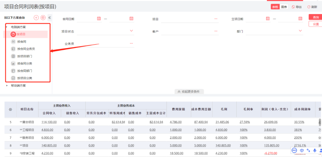 Project profit statement detail