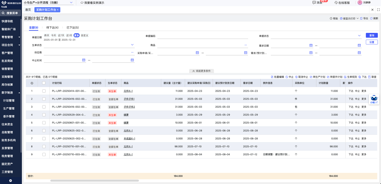Purchase advice generated with safety stock and batch size parameters