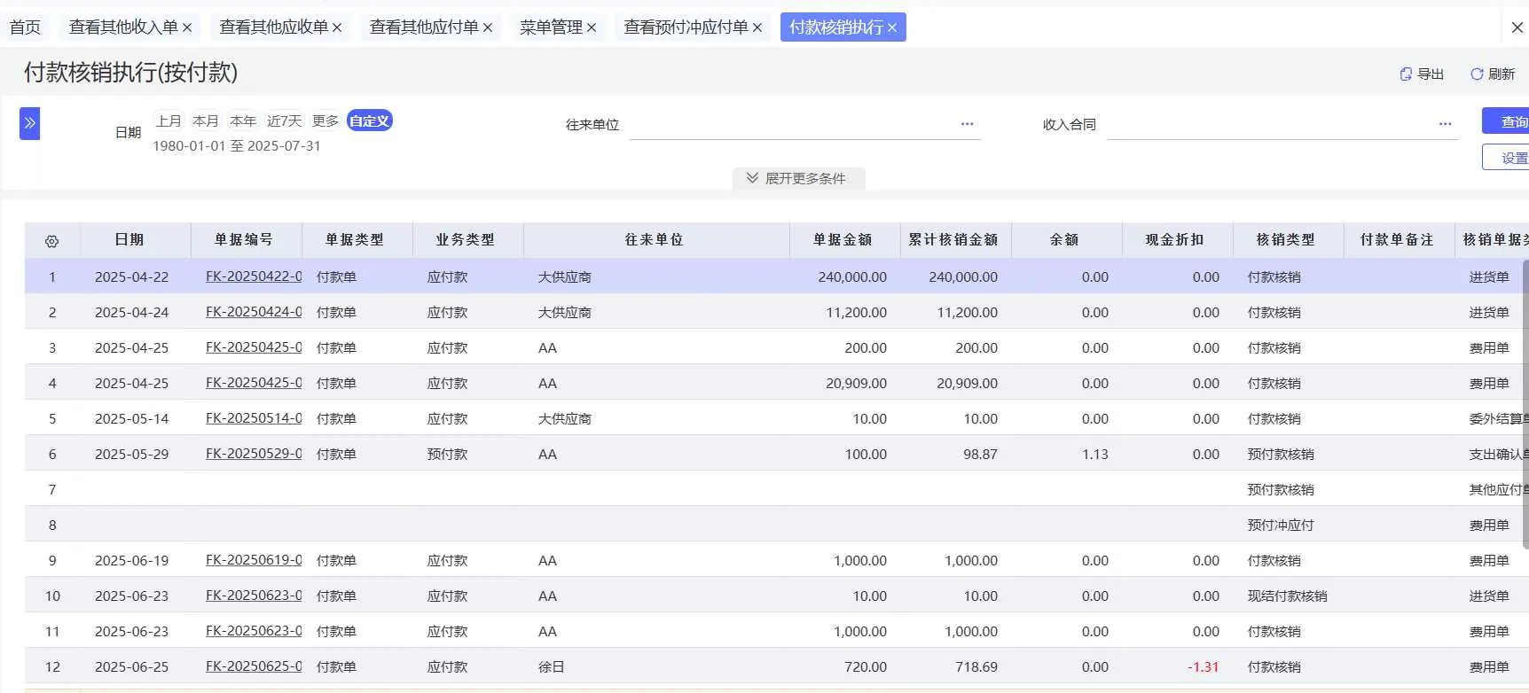 Payable write-off screen separating material and processing fees