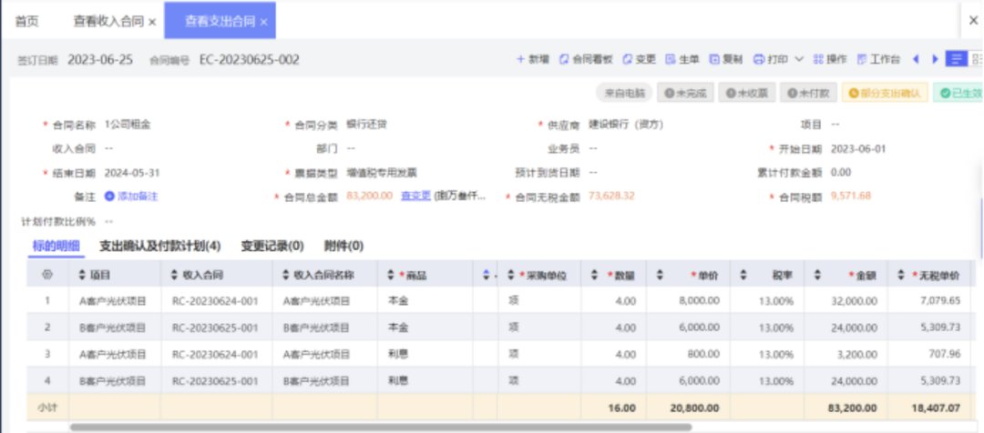Income contract with zero amount representing the build phase