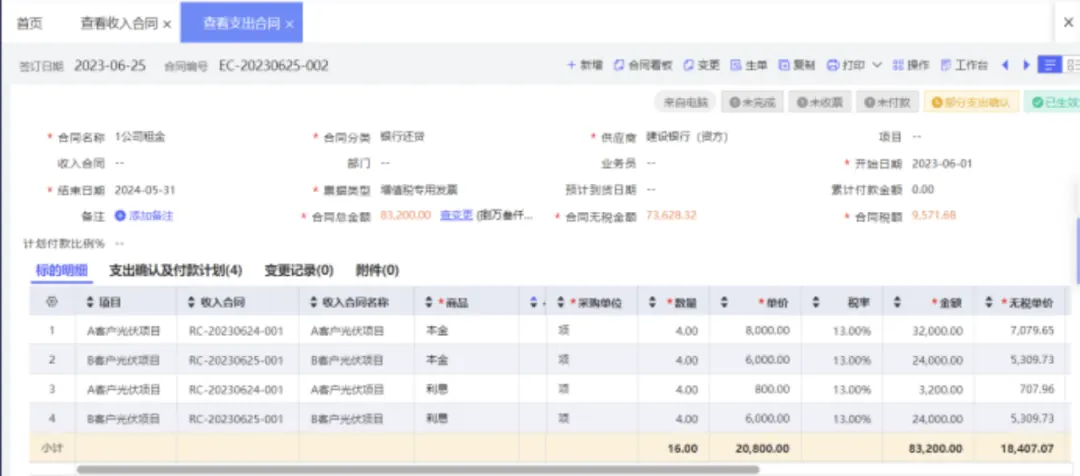 Income contract with zero amount representing the build phase
