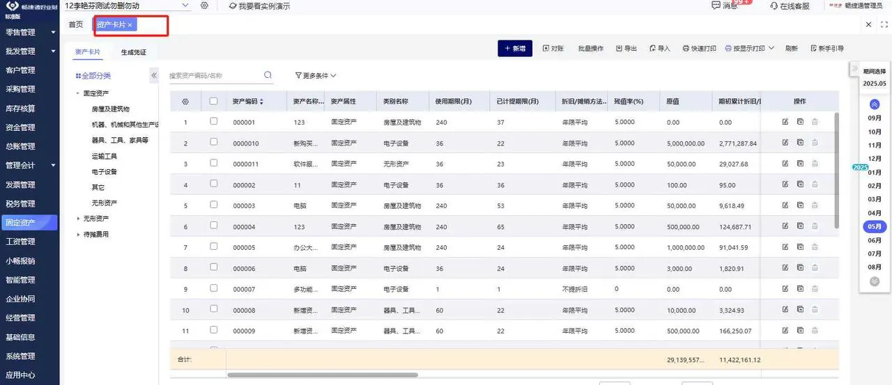 Fixed asset card with automatic depreciation schedule