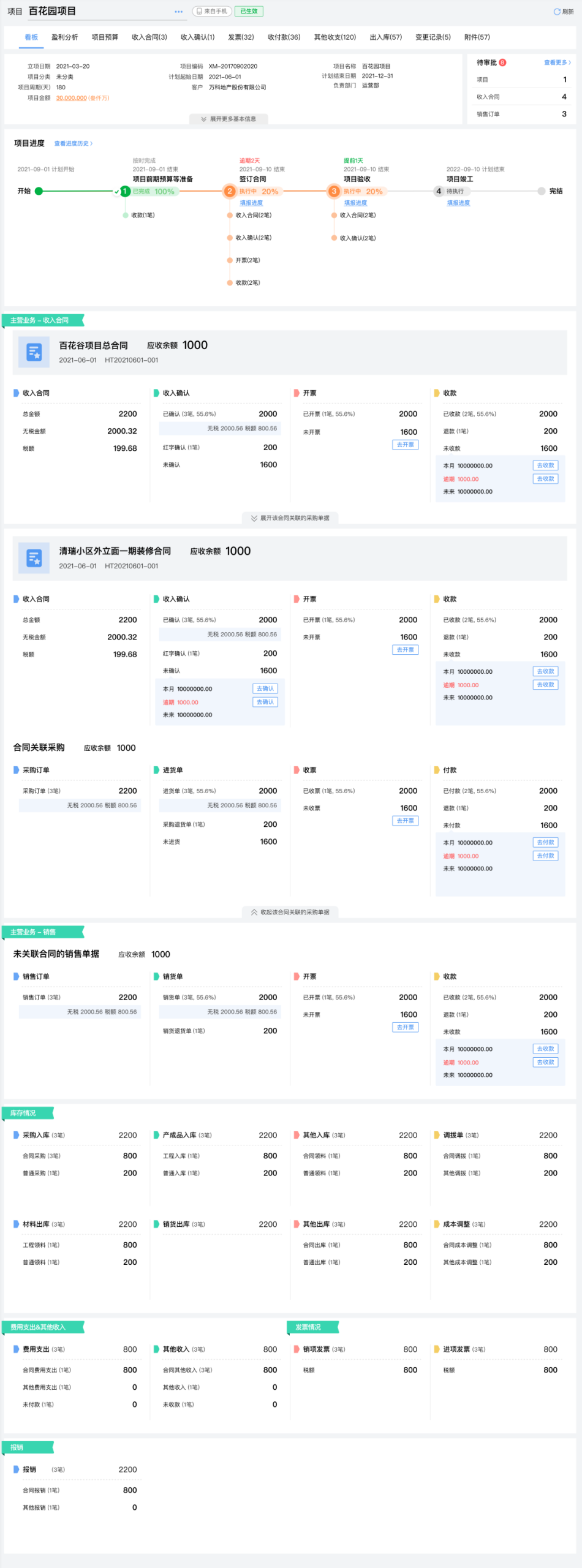 Consolidated multi-project financial summary report generated by the ERP