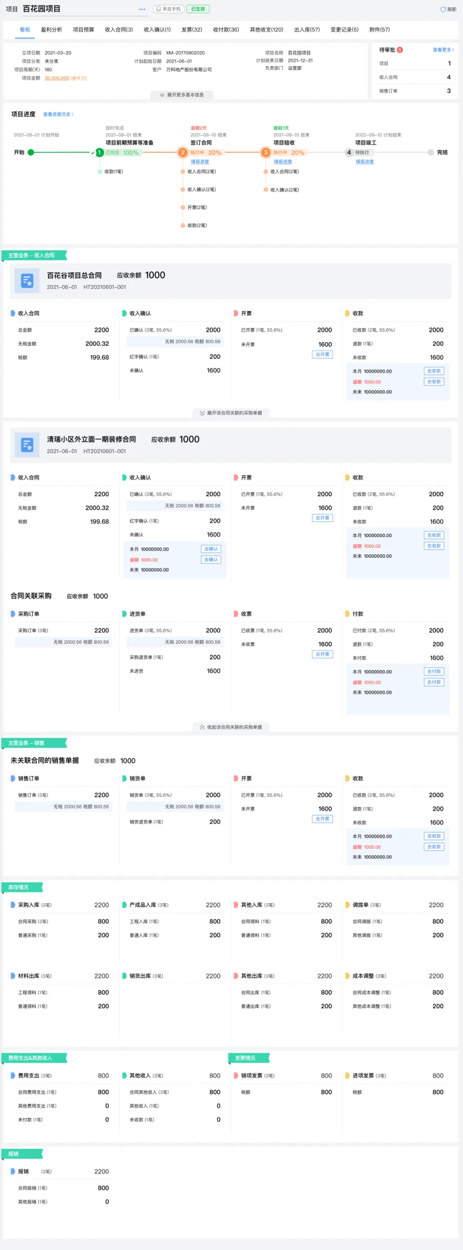 Consolidated multi-project financial summary report generated by the ERP